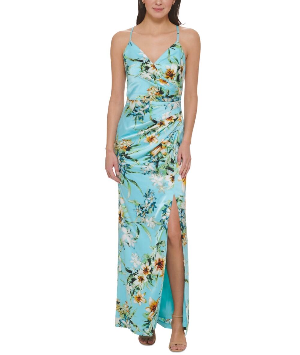 Vince Camuto Aqua Blue Maxi Dress Floral Satin Backless Long Gown Size 14